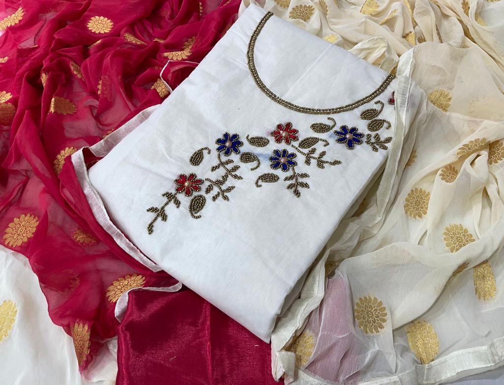 Dress Materials Chanderi - Chanderi Cotton Top (1.95 Mtr), Santoon Silk Pant (2.00 Mtr), Nazmeen Jaquard Dupatta (2.20 Mtr) , Traditional Embroidered, Washable