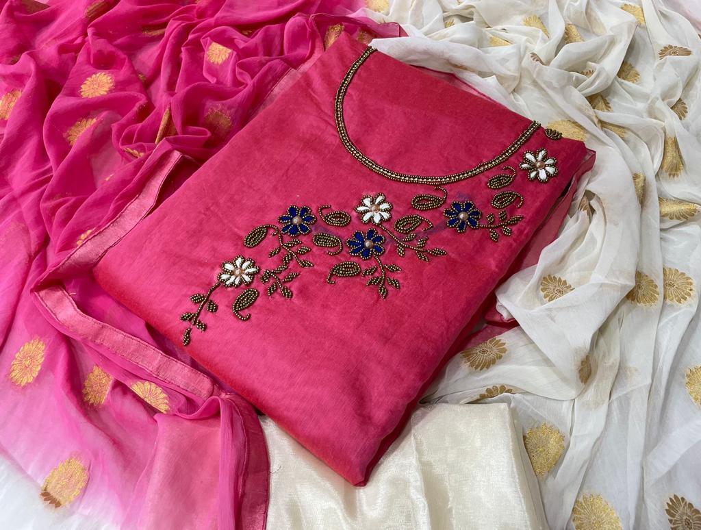 Dress Materials Chanderi - Chanderi Cotton Top (1.95 Mtr), Santoon Silk Pant (2.00 Mtr), Nazmeen Jaquard Dupatta (2.20 Mtr) , Traditional Embroidered, Washable