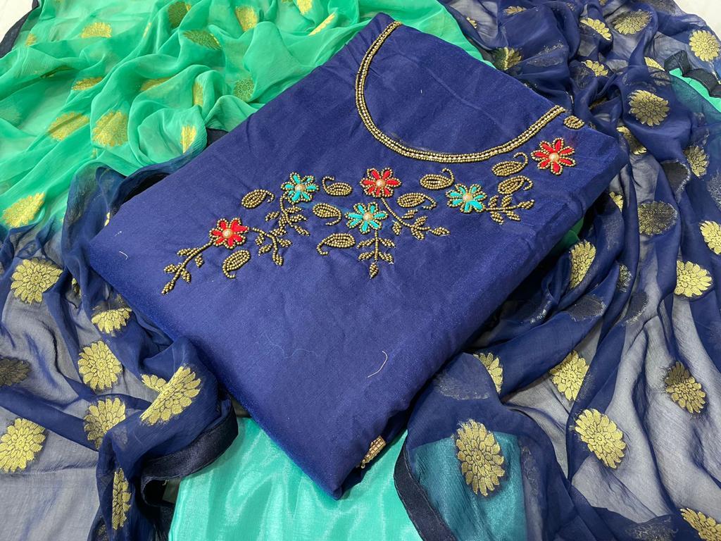 Dress Materials Chanderi - Chanderi Cotton Top (1.95 Mtr), Santoon Silk Pant (2.00 Mtr), Nazmeen Jaquard Dupatta (2.20 Mtr) , Traditional Embroidered, Washable