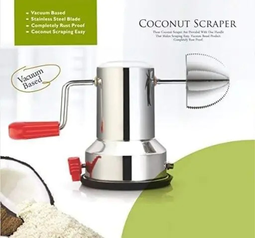 Coconut Manual Handle Scraper Chopper - Stainless Steel, 4cm X 5cm X 5cm | Safe And Sturdy Vacuum Base, Durable Mirror Finish Design