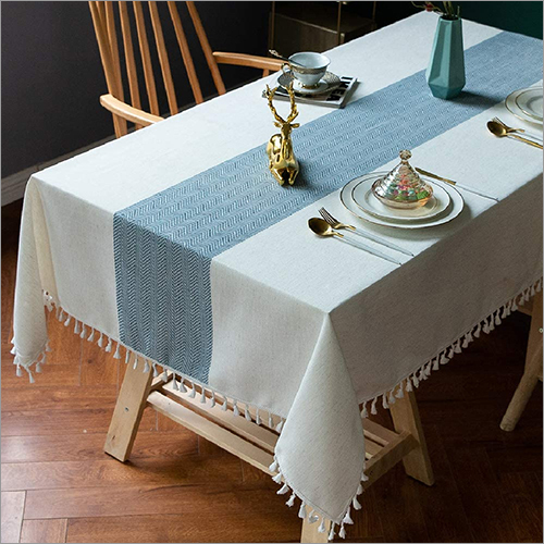 Table Cloth With Hand Knotted Fringes - 100% Cotton, 60x90 Cm, Blue And Multi-colored, Elegant Design For Home And Event Use