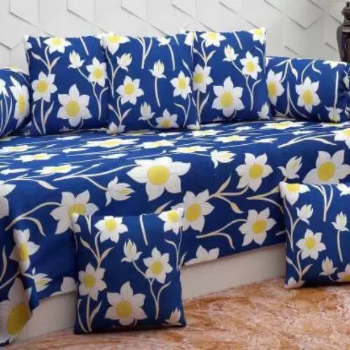 Glace Cotton Floral Diwan Set - 120 Tc Polycotton Single Bedsheet, 5 Cushion Covers & 2 Bolster Covers In Blue