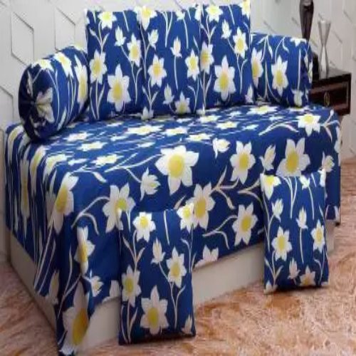 Glace Cotton Floral Diwan Set - 120 Tc Polycotton Single Bedsheet, 5 Cushion Covers & 2 Bolster Covers In Blue