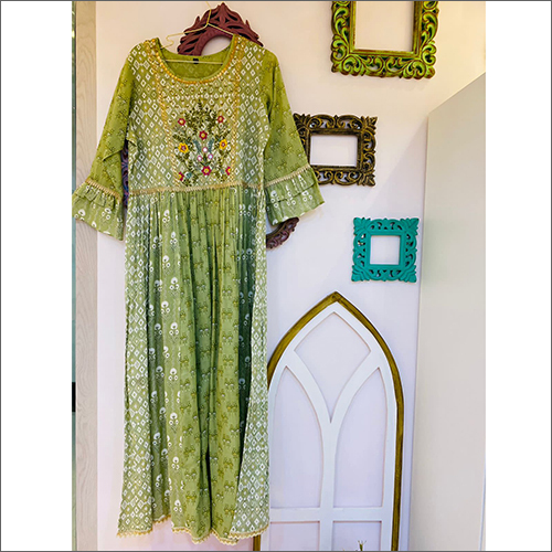 Full Sleeves Pure Mulmul Green Cotton Calf Length Dress