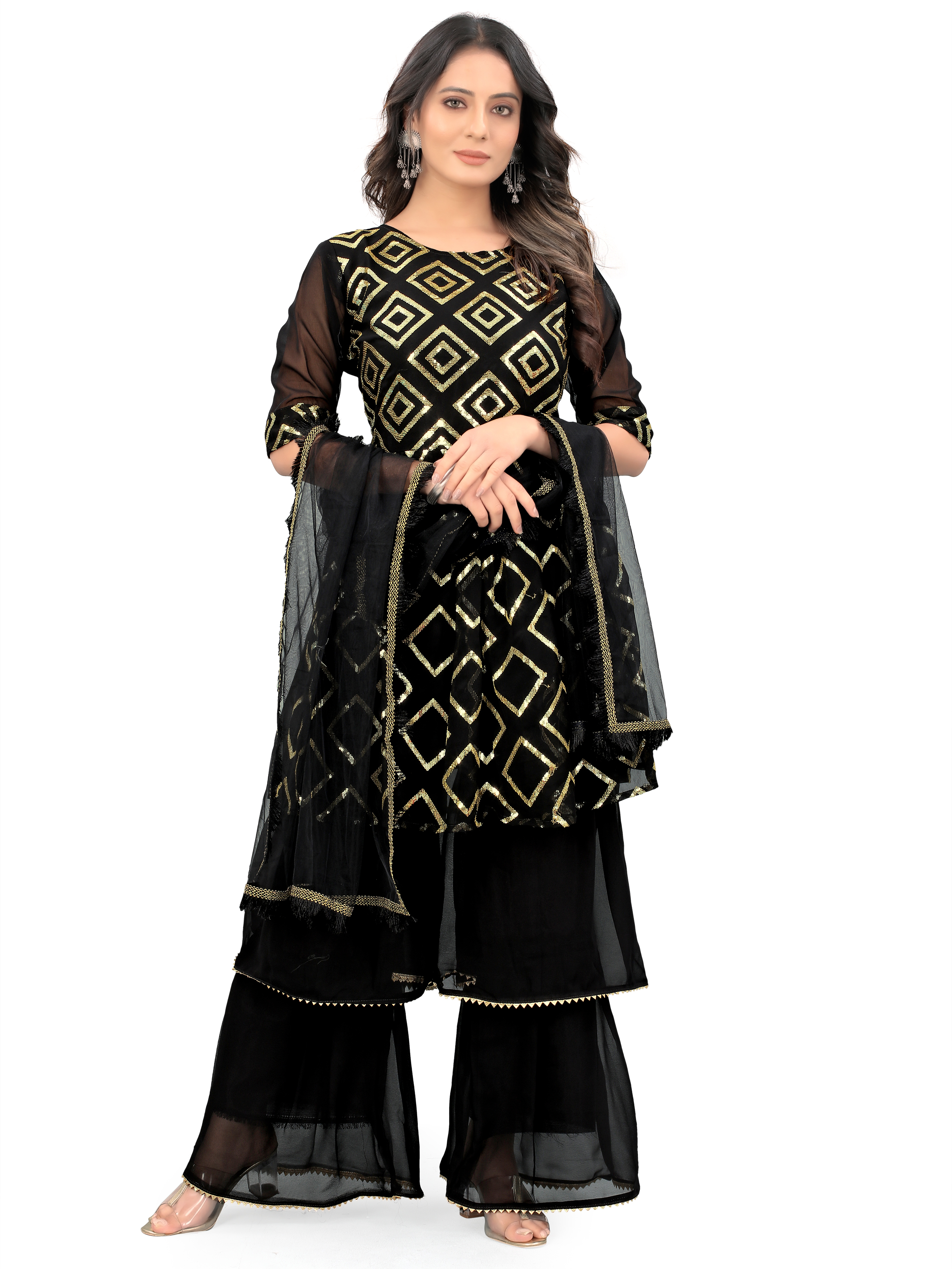 Black Fabulous Kurta With Sharara And Dupatta Sets