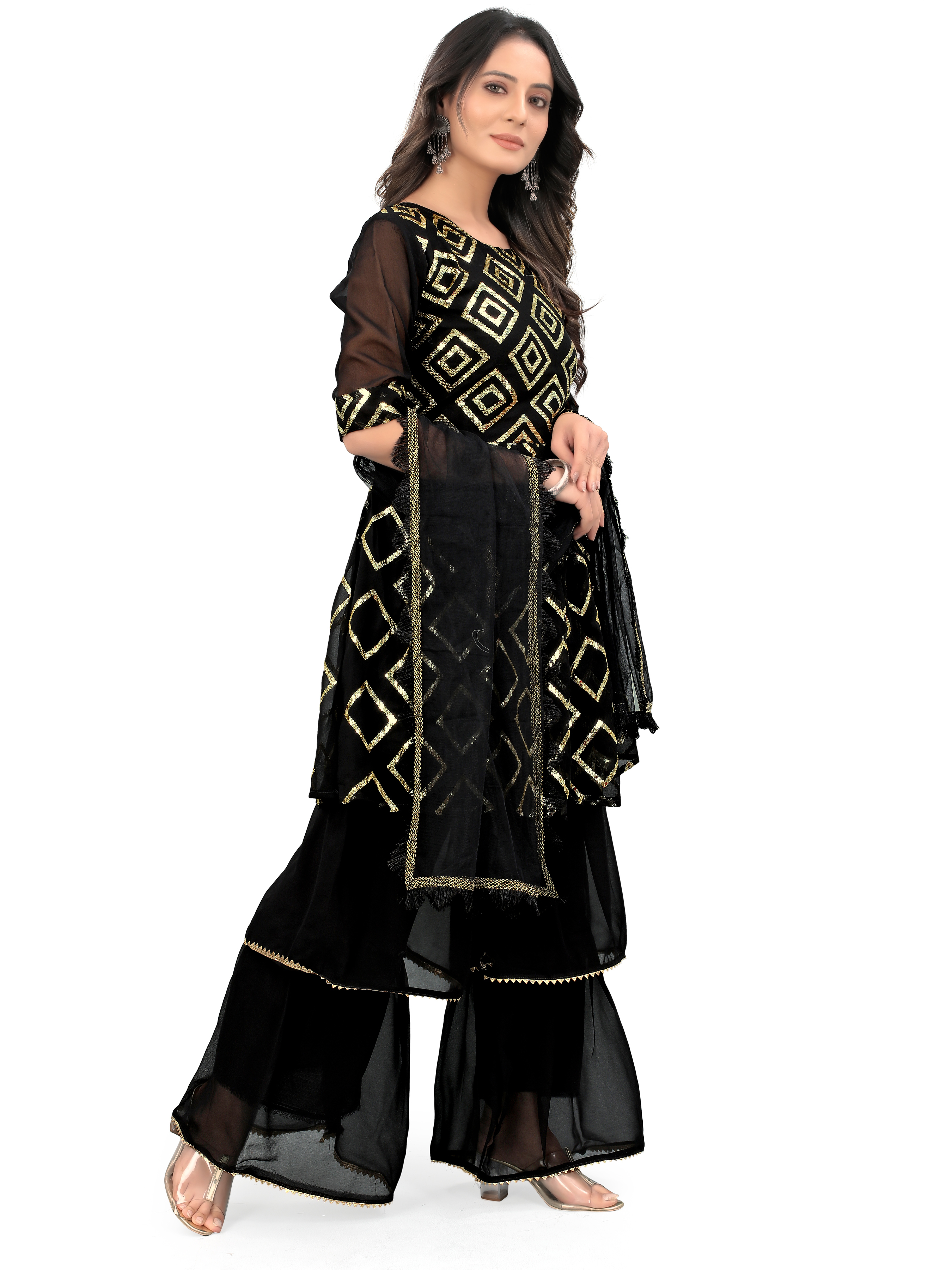 Black Fabulous Kurta With Sharara And Dupatta Sets