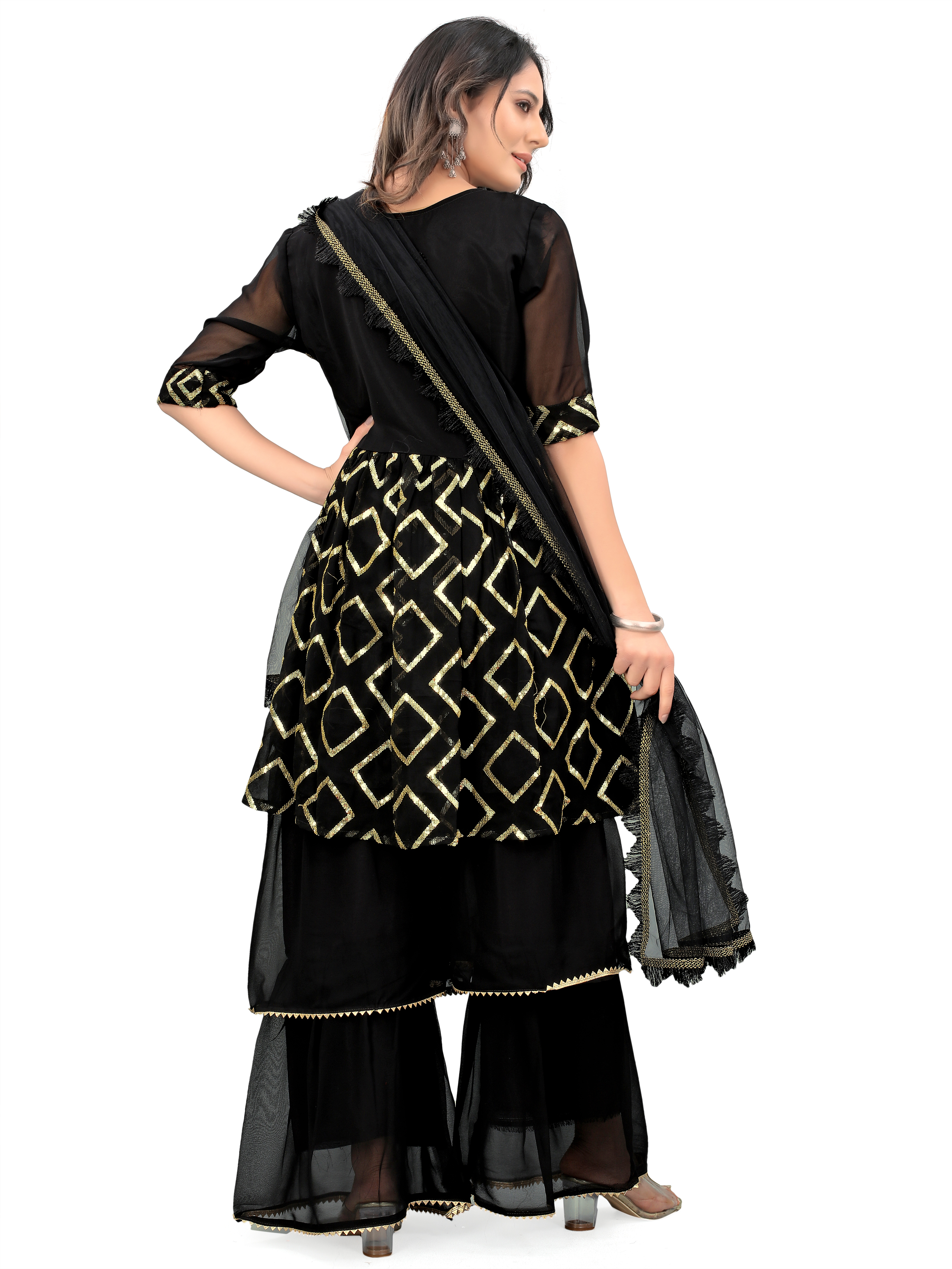 Black Fabulous Kurta With Sharara And Dupatta Sets