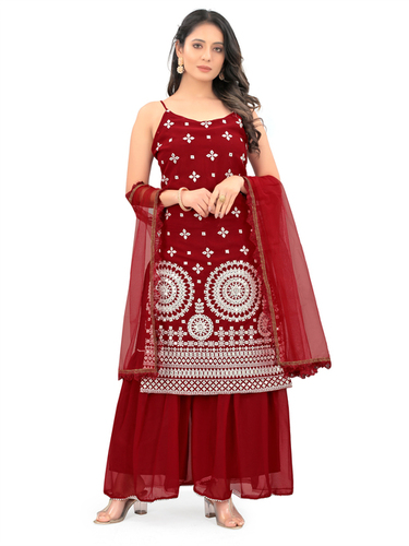 Sharara Suit - Heavy Fox Georgette, Customized Size M-XXL | Maroon, Yellow, Black Color, Embroidered Zari Work, Washable Fabric