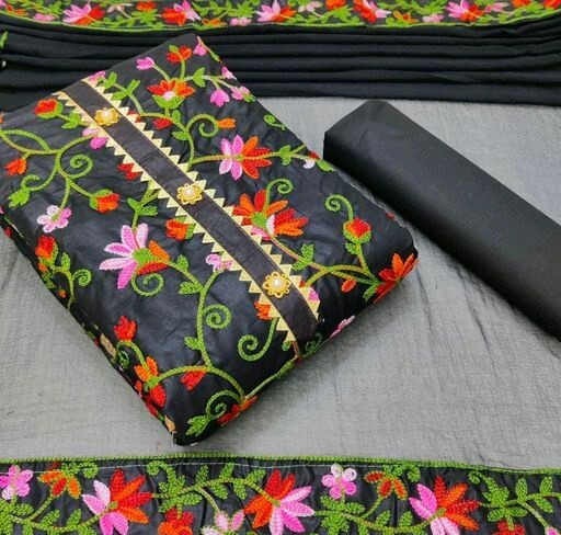 Dress Material Suit - Cotton With Chain Work, 2.00 Mtr Top & Full Long Bottom, Heavy Chiffon Dupatta, Free Size Up To 44, Ethnic Embroidered Design, Breathable & Washable