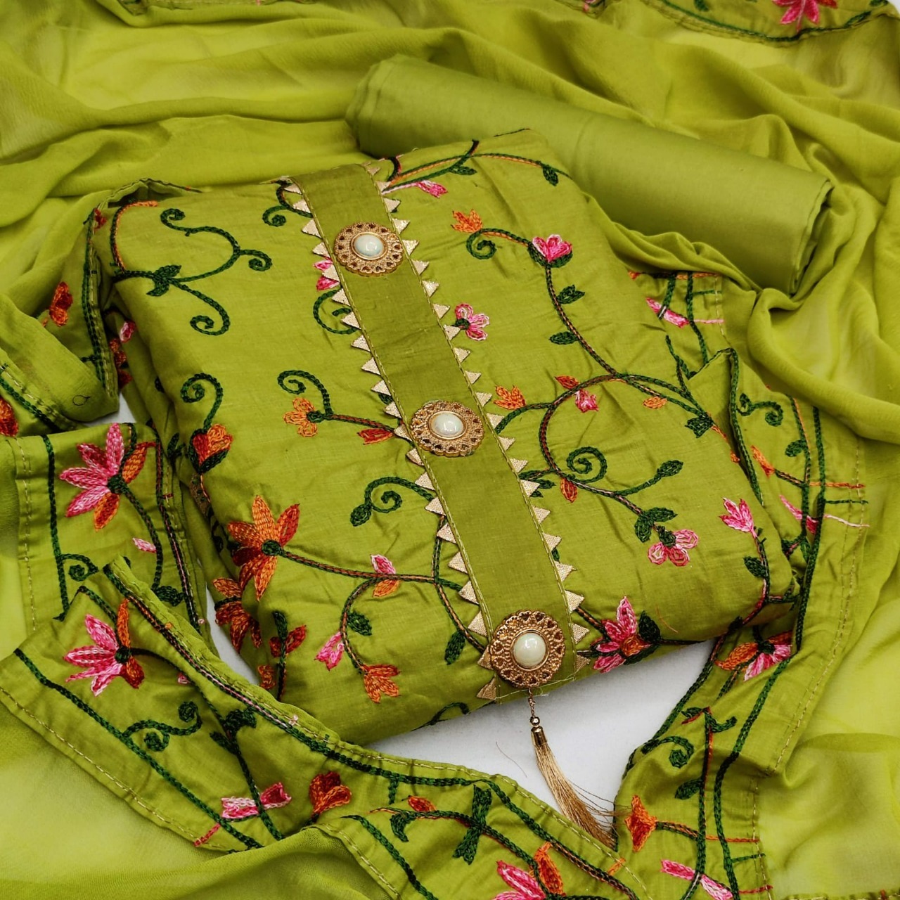 Dress Material Suit - Cotton With Chain Work, 2.00 Mtr Top & Full Long Bottom, Heavy Chiffon Dupatta, Free Size Up To 44, Ethnic Embroidered Design, Breathable & Washable