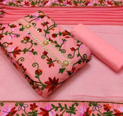 Dress Material Suit - Cotton With Chain Work, 2.00 Mtr Top & Full Long Bottom, Heavy Chiffon Dupatta, Free Size Up To 44, Ethnic Embroidered Design, Breathable & Washable