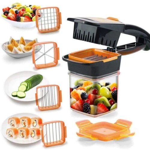 Vegetable Dicer Multi Chopper Set - Stainless Steel & Abs Plastic | 5-in-1 Manual Fruit & Vegetable Cutter With Interchangeable Blades, Easy To Clean, Airtight Storage Container