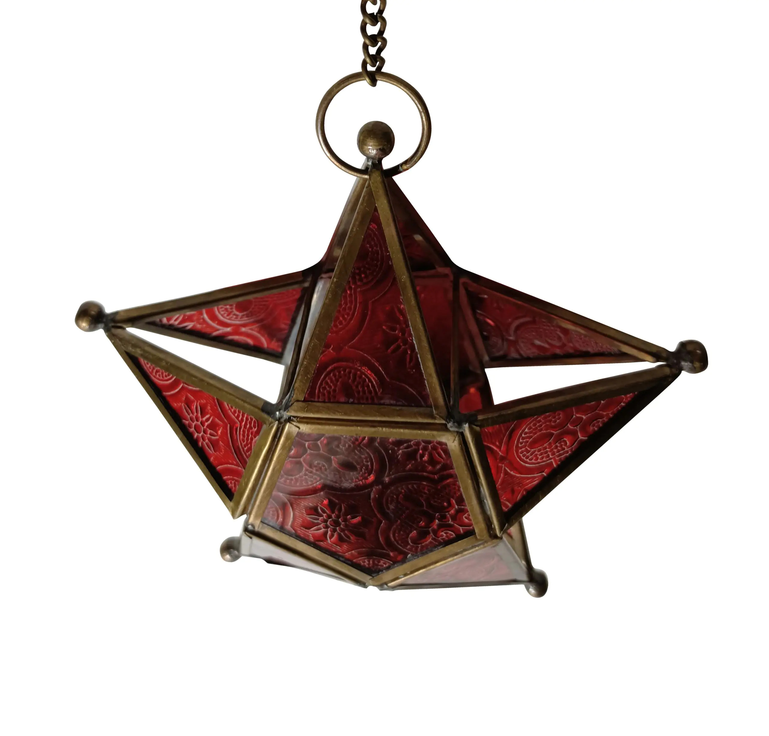 Hanging Star Lantern - Brass & Floral Glass, 6.5x6.5 Inches, Purple , Antique Finish