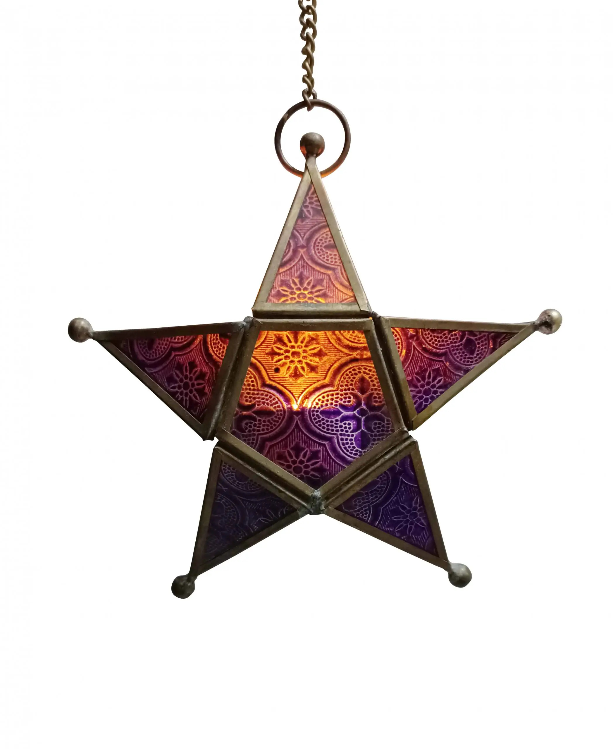 Hanging Star Lantern - Brass & Floral Glass, 6.5x6.5 Inches, Purple , Antique Finish