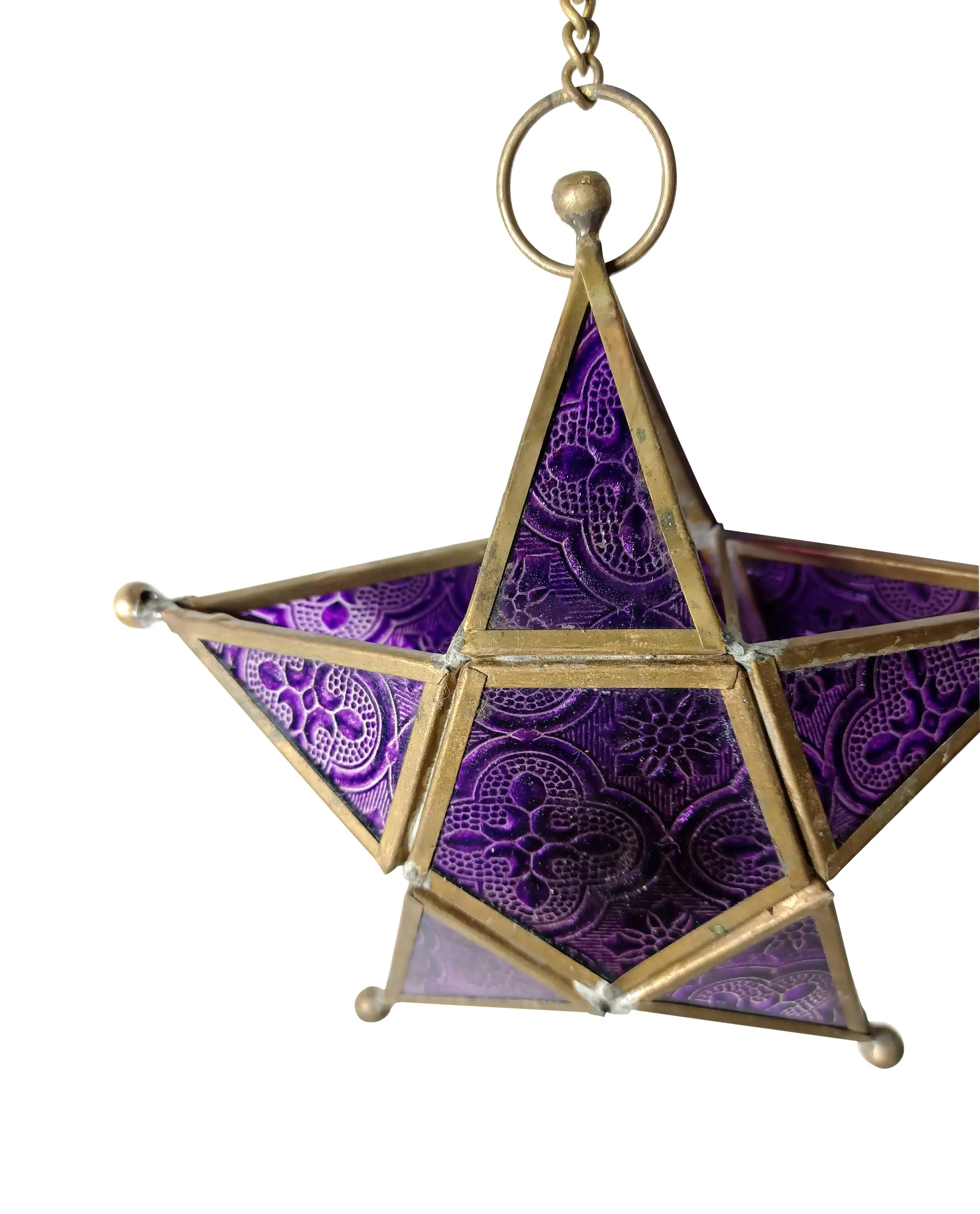 Hanging Star Lantern - Brass & Floral Glass, 6.5x6.5 Inches, Purple , Antique Finish