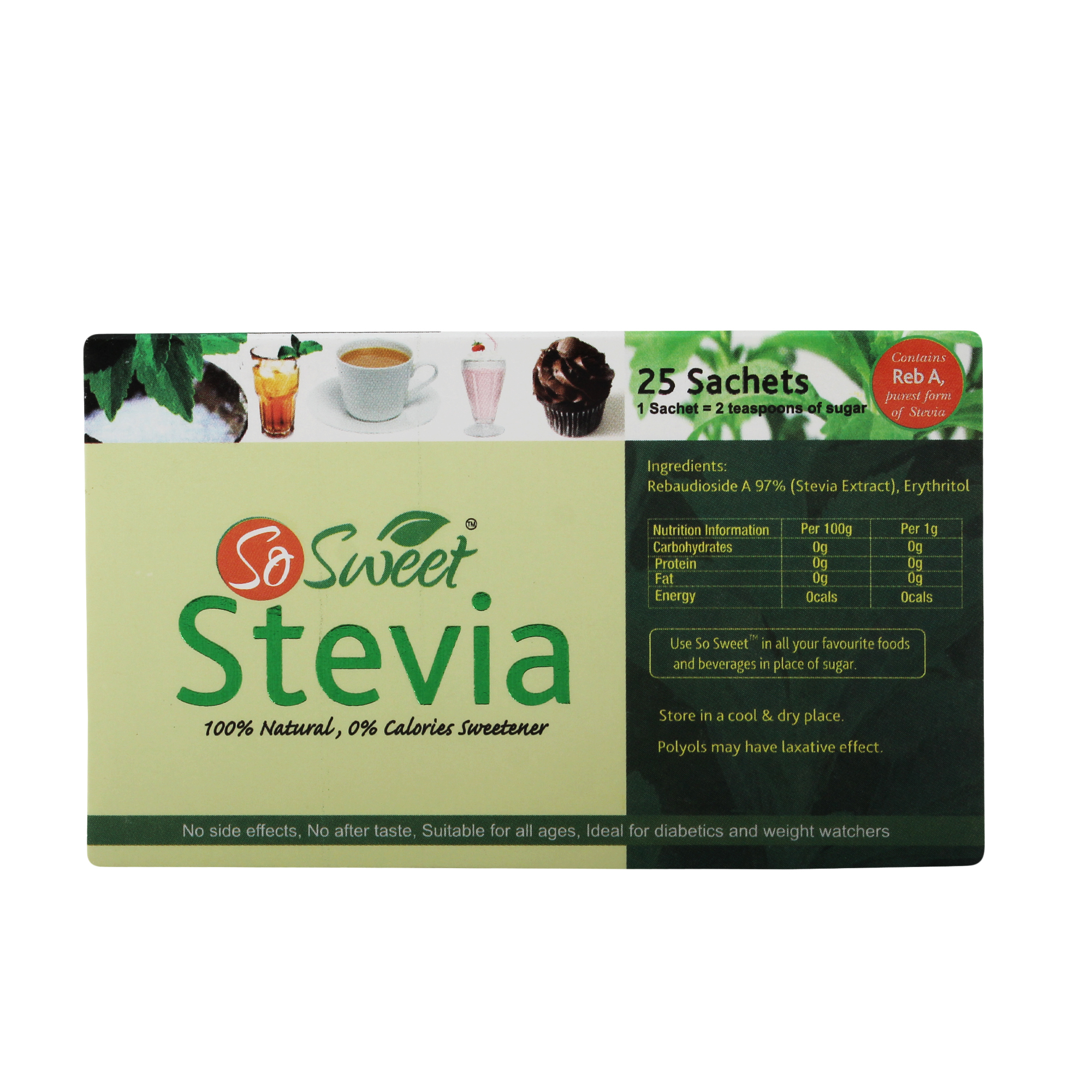 So Sweet Stevia - 25 Sachets, 30 Grams Pure Powder | Crystal Sugar, White Color, 100% Natural Sweetener, 300 Times Sweeter