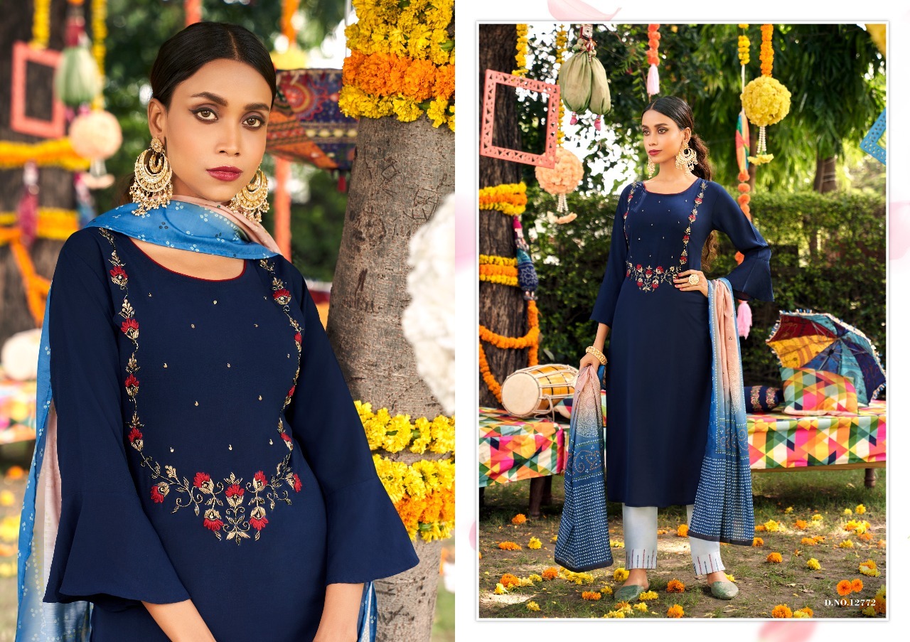 Ladies Suits - Fiona Silk With Khatli Work Top, Chinon With Embroidery Pant, Muslin With Digital Print Dupatta | Breathable, Washable, Available In M To 3xl Sizes
