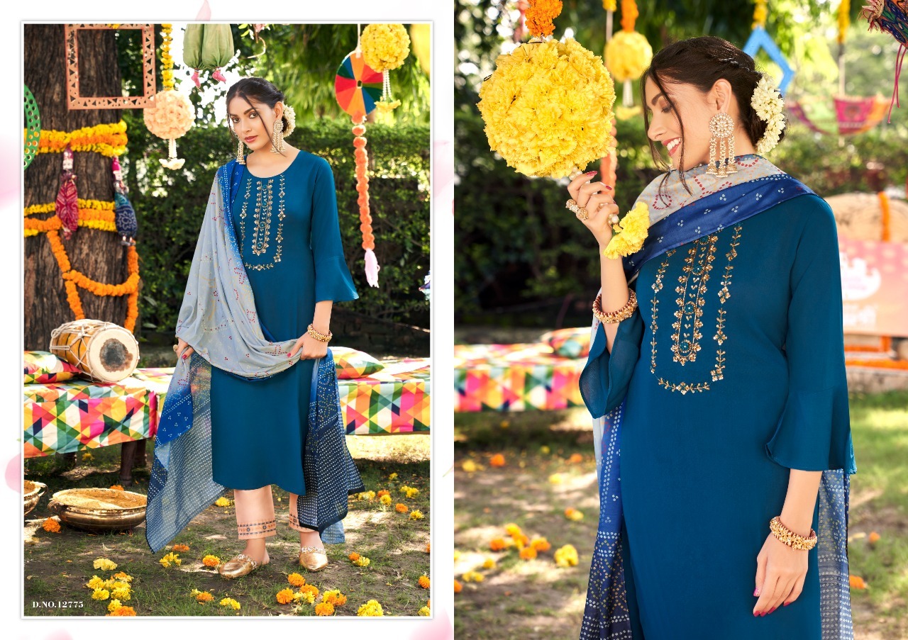 Ladies Suits - Fiona Silk With Khatli Work Top, Chinon With Embroidery Pant, Muslin With Digital Print Dupatta | Breathable, Washable, Available In M To 3xl Sizes