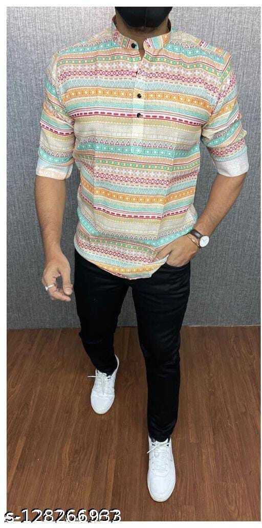 Men's Cotton Kurta - Customized Sizes M L Xl Washable Casual Printed Pattern Button Closure