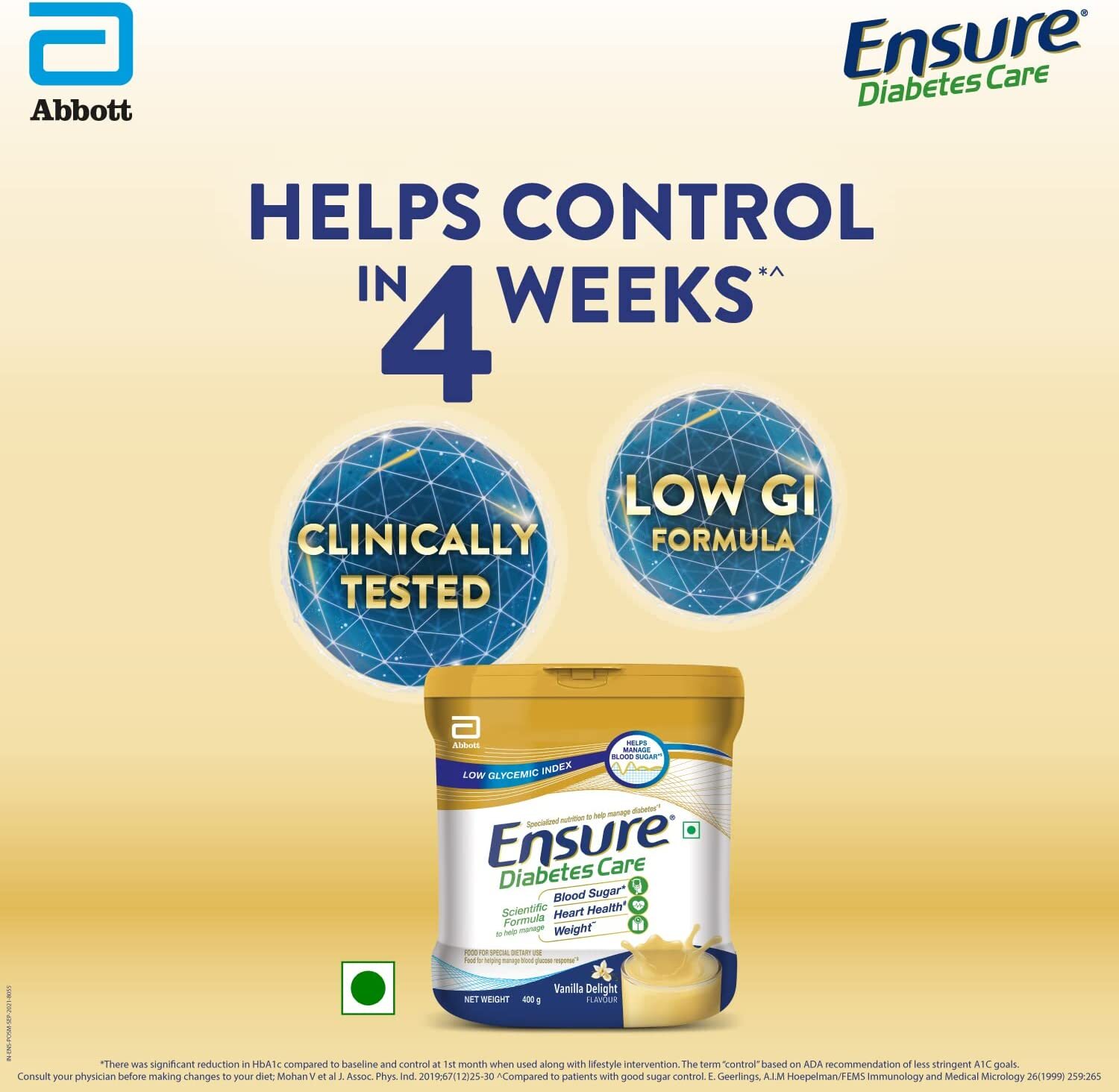 Ensure Diabetes Care - 400 Gm Powder, Sugar-free Vanilla Delight Flavor | Slow Release Energy, Gluten-free, Supports Heart Health, Rich In Protein, 12 Month Shelf Life