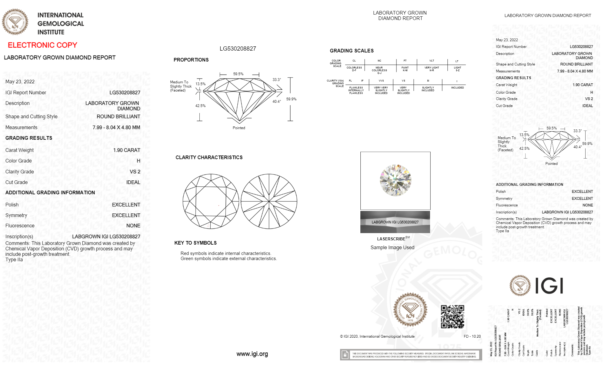 Round 1.90ct H Vs2 Igi Certified Cvd Lab Grown Diamond Ec3521 Diamond Carat: 1.90 Carat