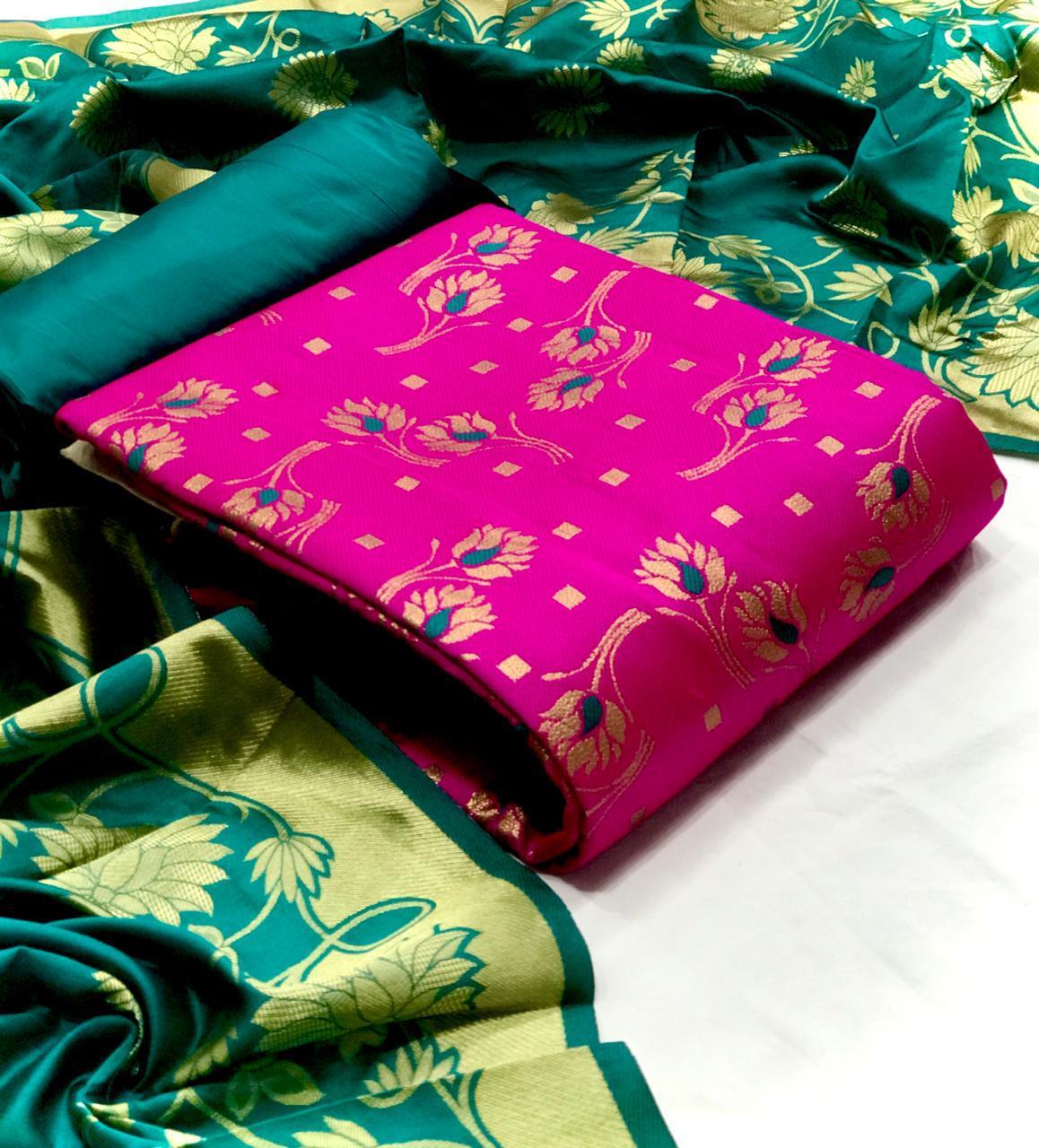 Jacquard Dress Material Suit - Top 2.10m, Dupatta 2.20m, Bottom Santoon 2.00m | Ethnic Indian Design, Breathable, Washable, Appliqued