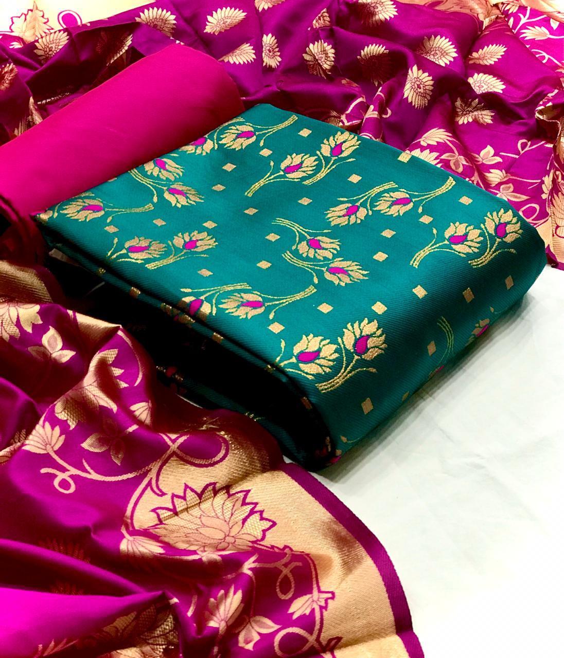 Jacquard Dress Material Suit - Top 2.10m, Dupatta 2.20m, Bottom Santoon 2.00m | Ethnic Indian Design, Breathable, Washable, Appliqued