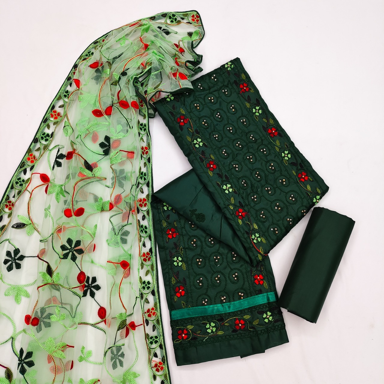 Exclusive Cotton Dress Material Suit - 2.10 Mtr Aari Work Top, Net Dupatta, Trendy Printed Design | Washable, Customized Size, Indian Ethnic Wear