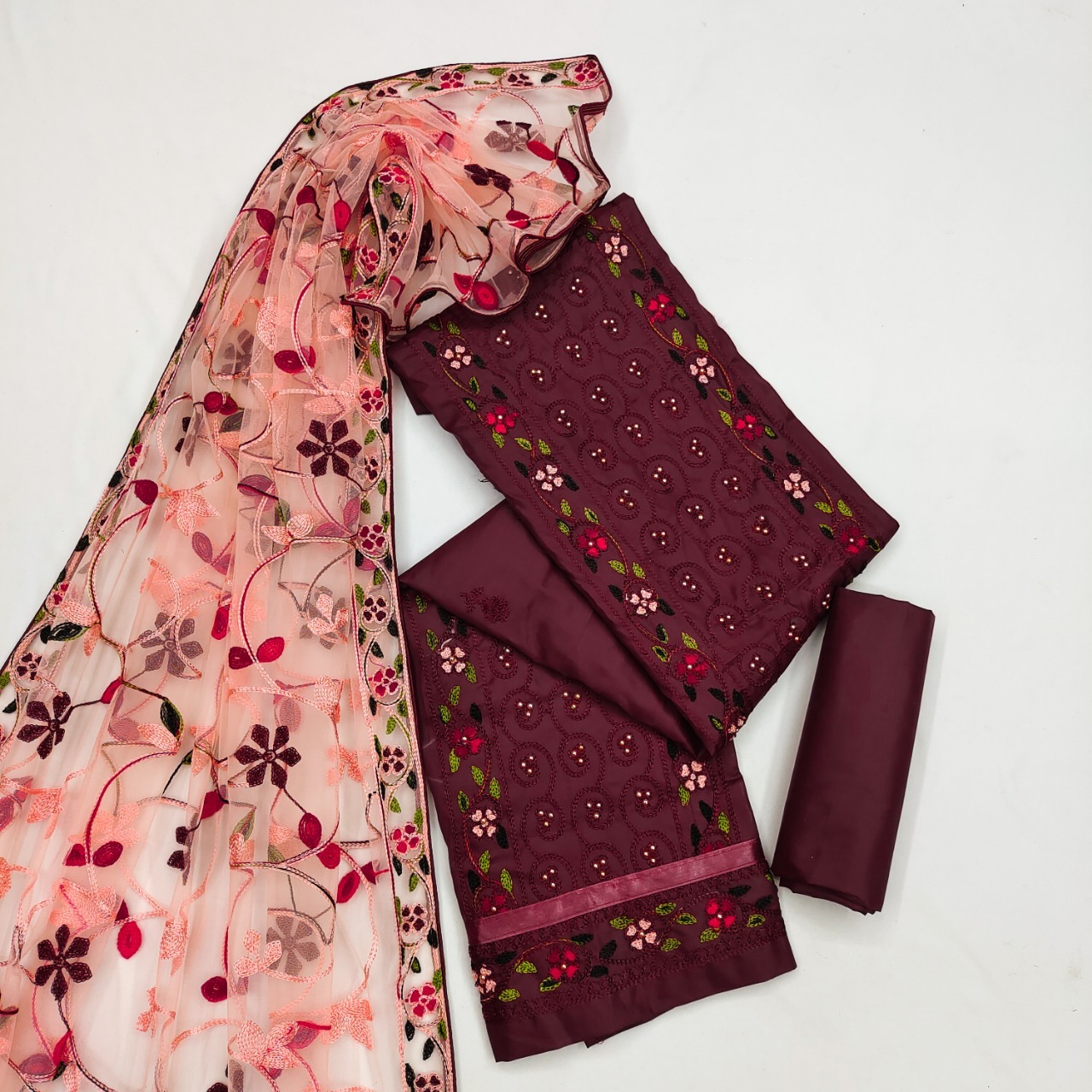 Exclusive Cotton Dress Material Suit - 2.10 Mtr Aari Work Top, Net Dupatta, Trendy Printed Design | Washable, Customized Size, Indian Ethnic Wear