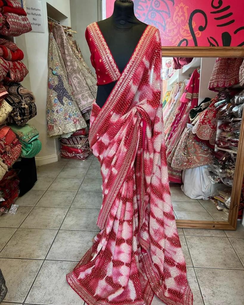 Blockbuster Sequins Saree - 60 Gram Heavy Quality Georgette Multi-colored Digital Print With Zari Embroidery Washable For All Seasons