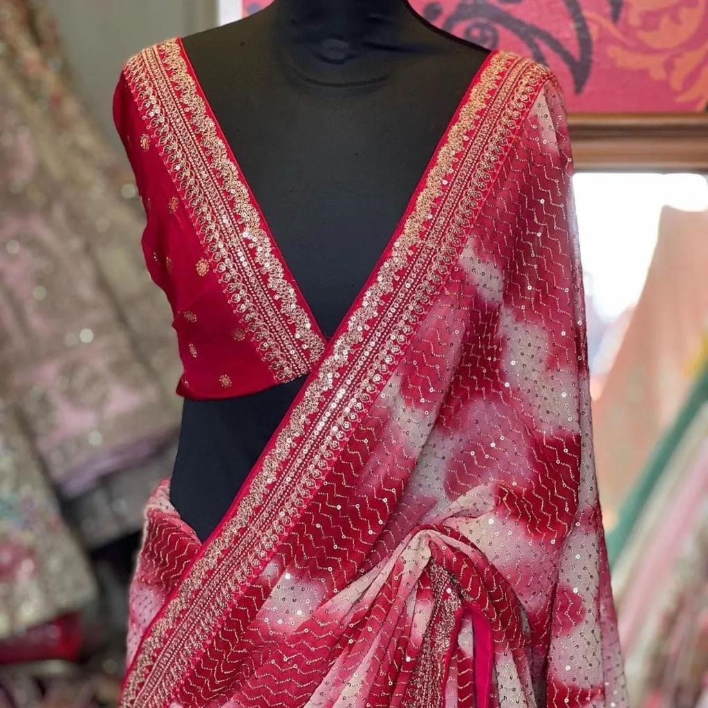 Blockbuster Sequins Saree - 60 Gram Heavy Quality Georgette Multi-colored Digital Print With Zari Embroidery Washable For All Seasons
