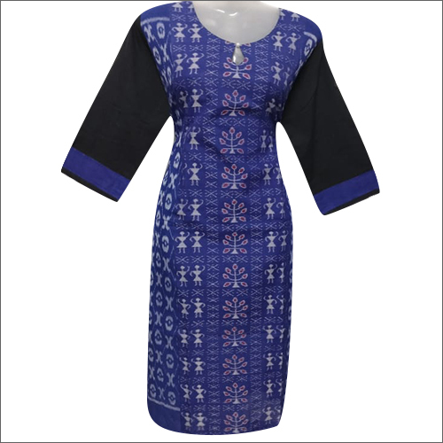 लेडीज़ ब्लू कॉटन हैंड वीवन स्ट्रेट कुर्ती सजावट सामग्री: पेंट