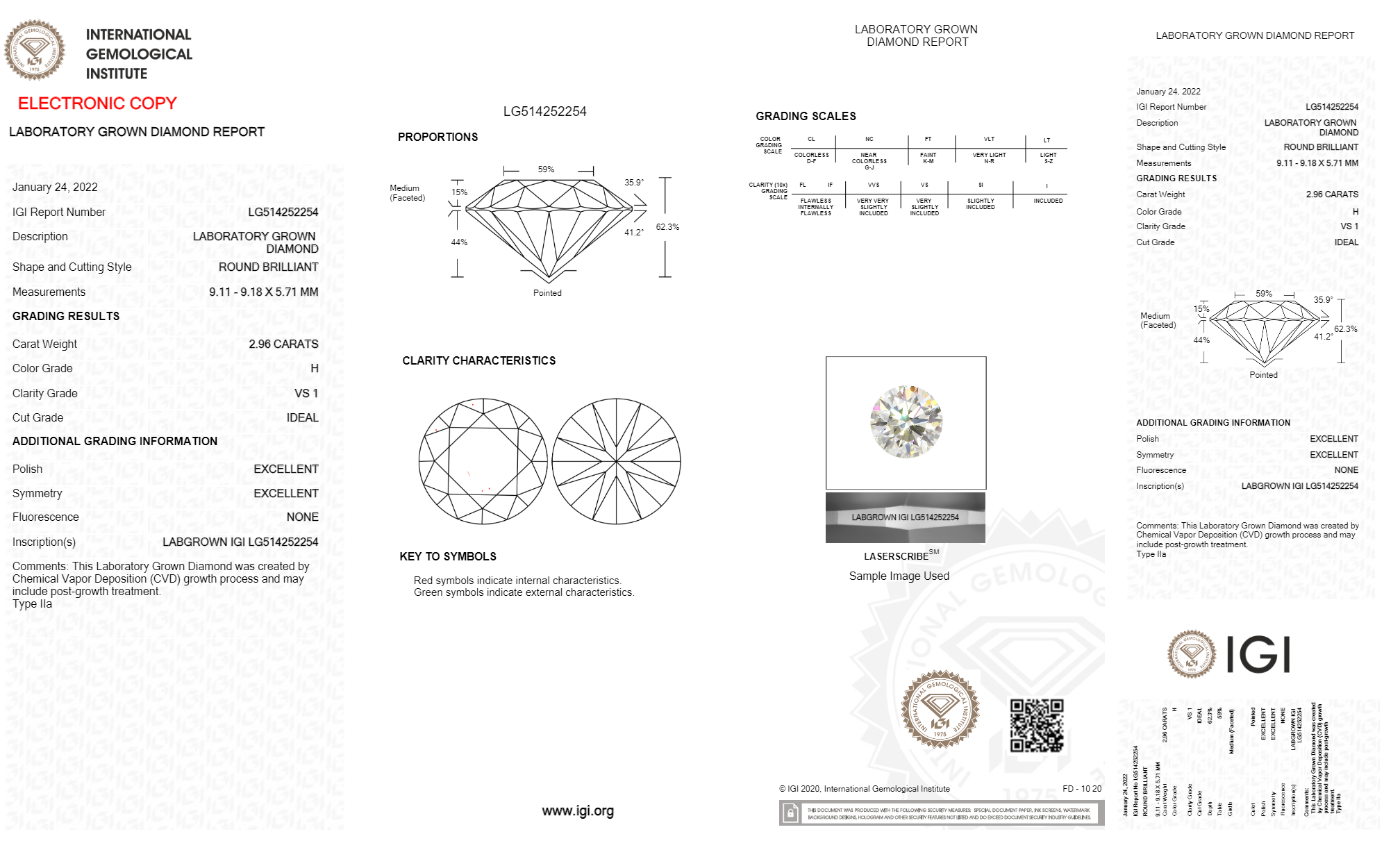 Round 2.96ct H Vs1 Igi Certified Cvd Lab Grown Diamond Ec2457 Density: 100