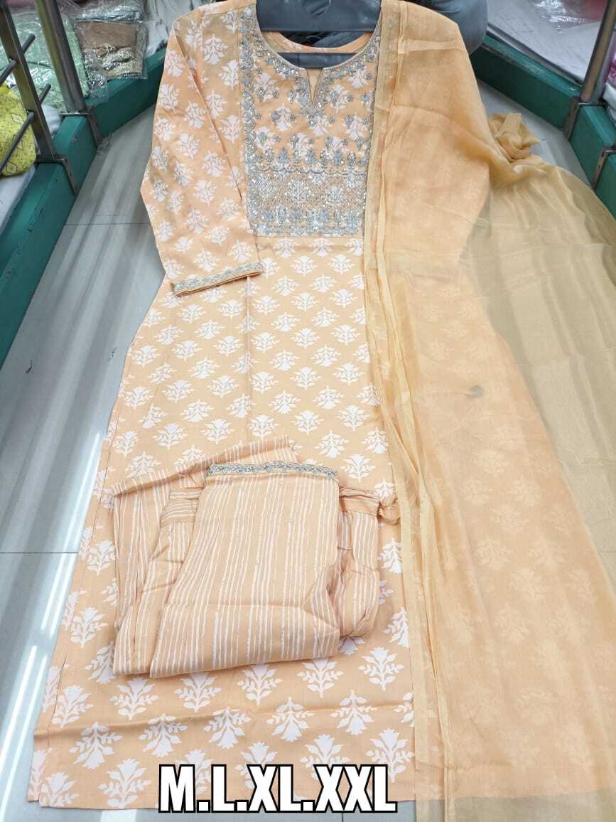 Kurti Pant Dupatta Set - Rayon Cotton Embroidered 3-4th Sleeve Casual Wear For Ladies