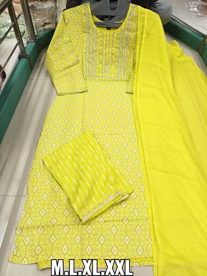 Kurti Pant Dupatta Set - Rayon Cotton Embroidered 3-4th Sleeve Casual Wear For Ladies
