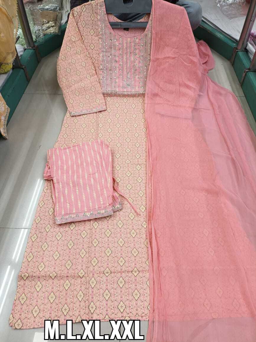 Kurti Pant Dupatta Set - Rayon Cotton Embroidered 3-4th Sleeve Casual Wear For Ladies
