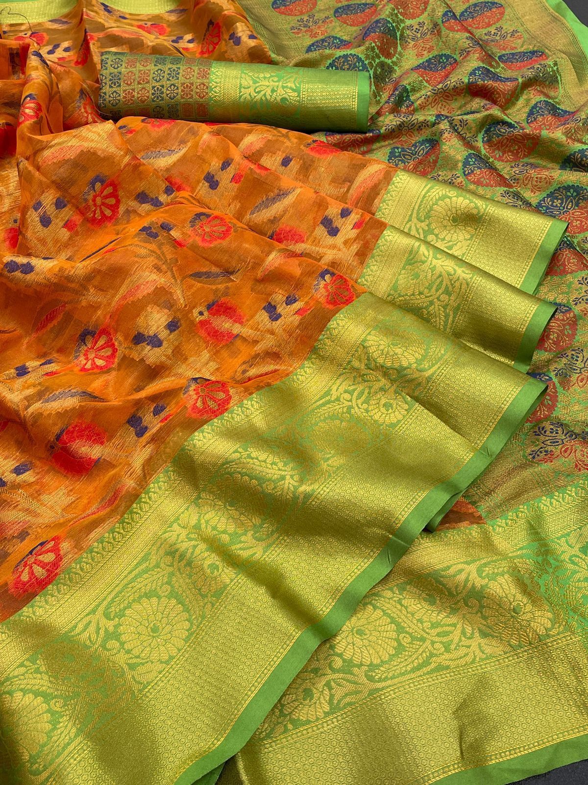 Kora Saree - Tissue Kora Silk With Zari Weaving & Contrast Pallu | Breathable, Washable, All-season Ethnic Wear