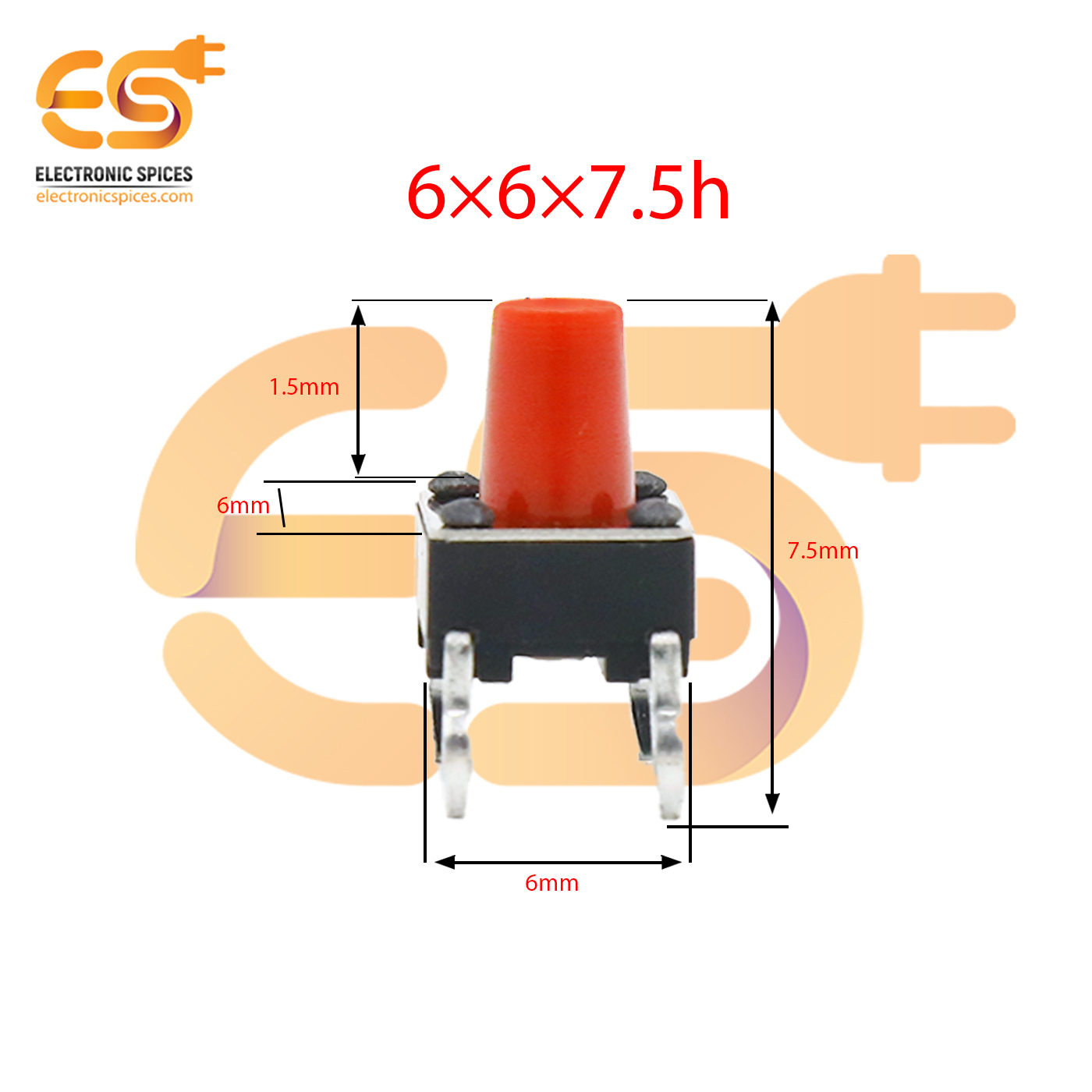 6 X 6 X 7.5mm Red Color Tactile Momentary Push Buttons Switches
