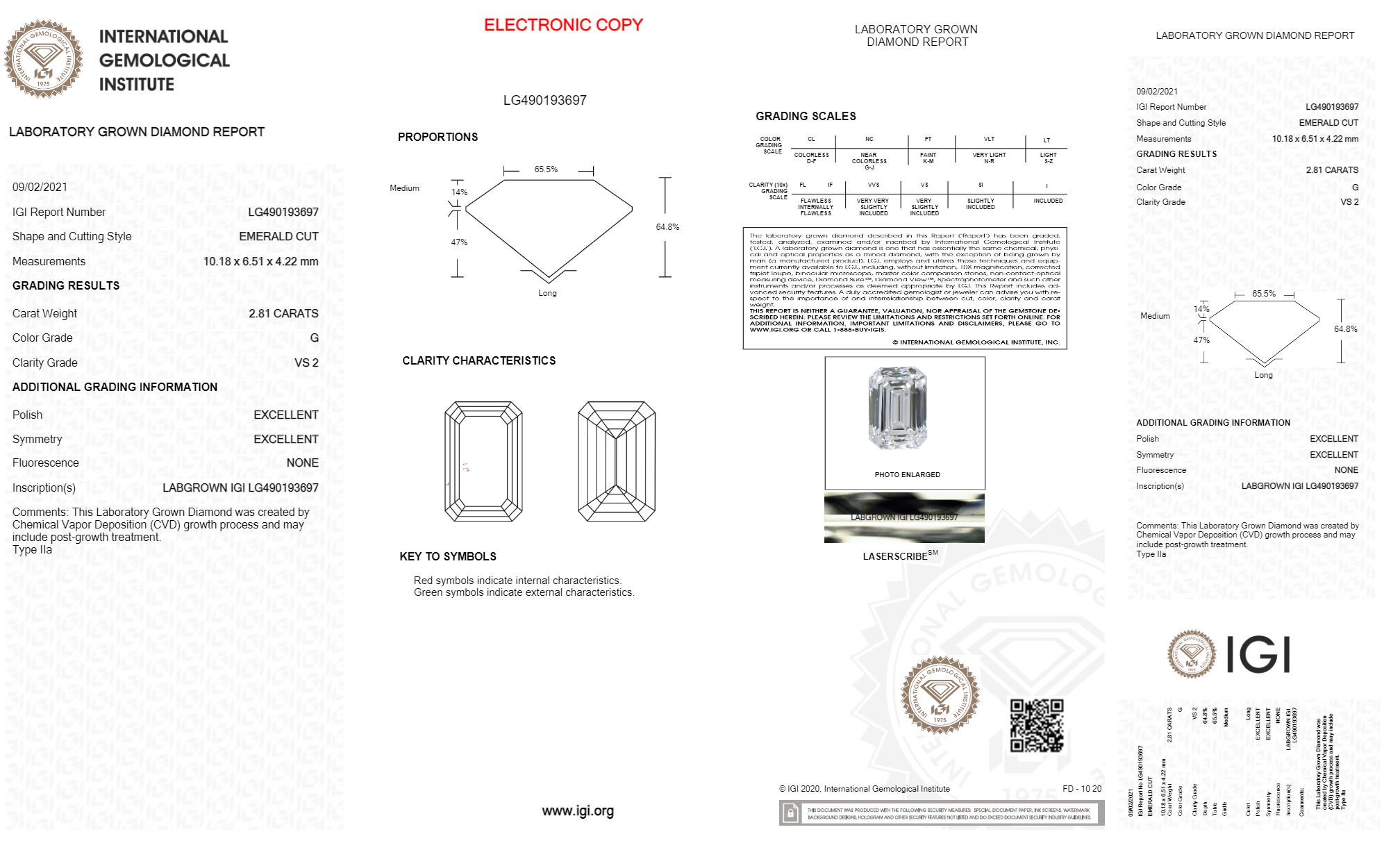 Cvd/hpht Lab Grown Diamond - 2.81ct Vs2 Emerald Cut | Igi Certified, Ideal Polish Finish, D-g Color Range