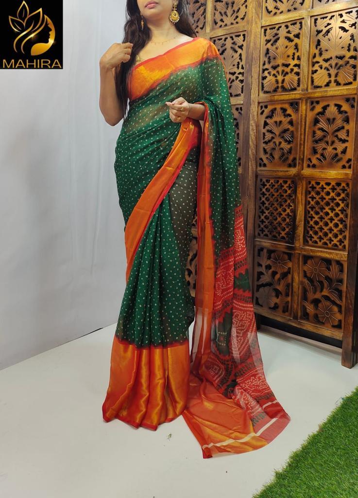 Saree With Blouse - Moss Chiffon With Heavy 9 Inch Jari Border, Contrast Running Blouse, Washable, Printed For All Seasons, Customized Size