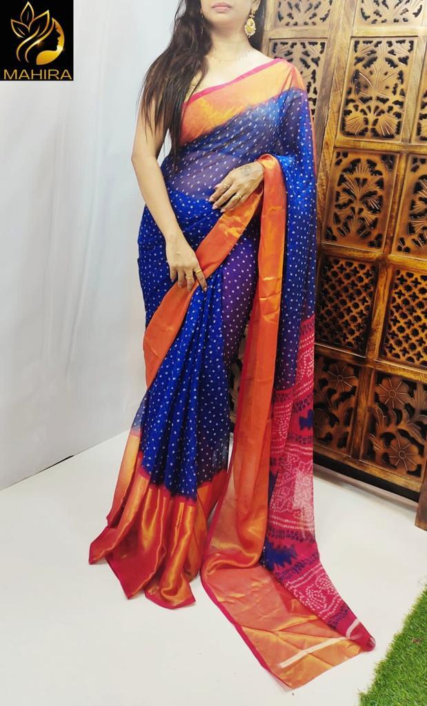Saree With Blouse - Moss Chiffon With Heavy 9 Inch Jari Border, Contrast Running Blouse, Washable, Printed For All Seasons, Customized Size
