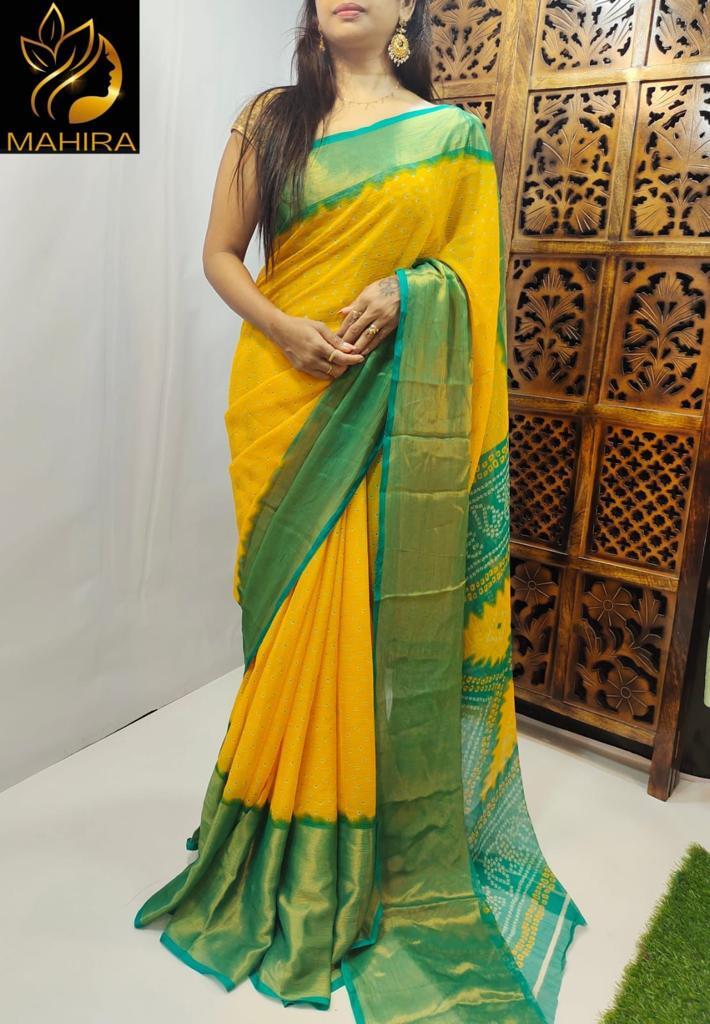 Saree With Blouse - Moss Chiffon With Heavy 9 Inch Jari Border, Contrast Running Blouse, Washable, Printed For All Seasons, Customized Size