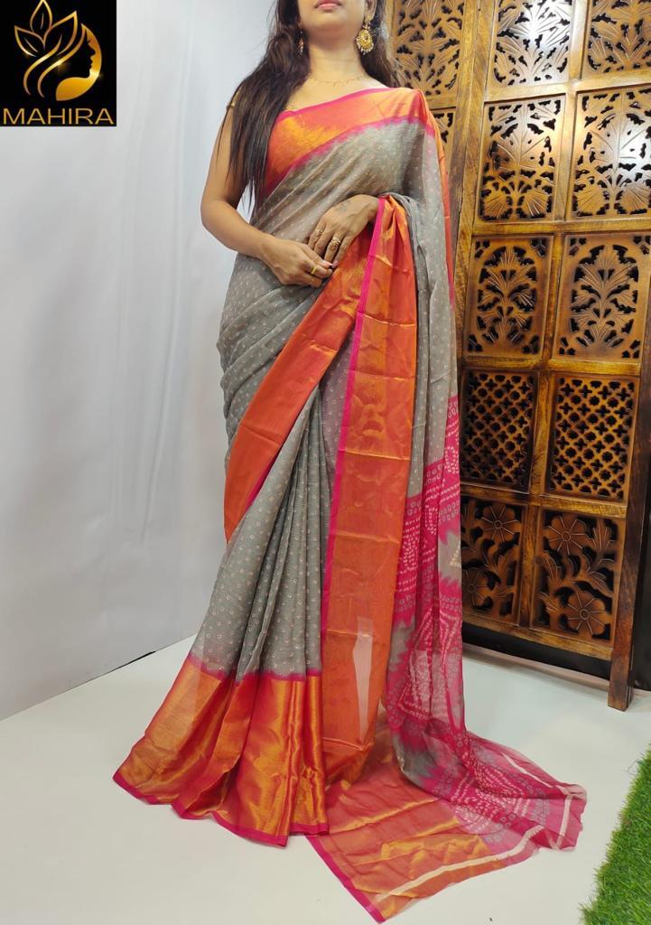 Saree With Blouse - Moss Chiffon With Heavy 9 Inch Jari Border, Contrast Running Blouse, Washable, Printed For All Seasons, Customized Size