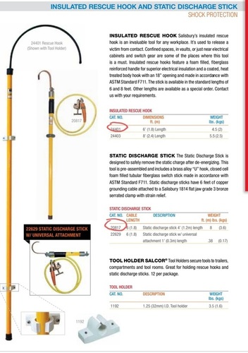 RESCUE HOOK - Fiberglass, Variable Length, Yellow | Insulated for Rescue Operations, Safe Handling of Energized Equipment, Meets Multiple Standards