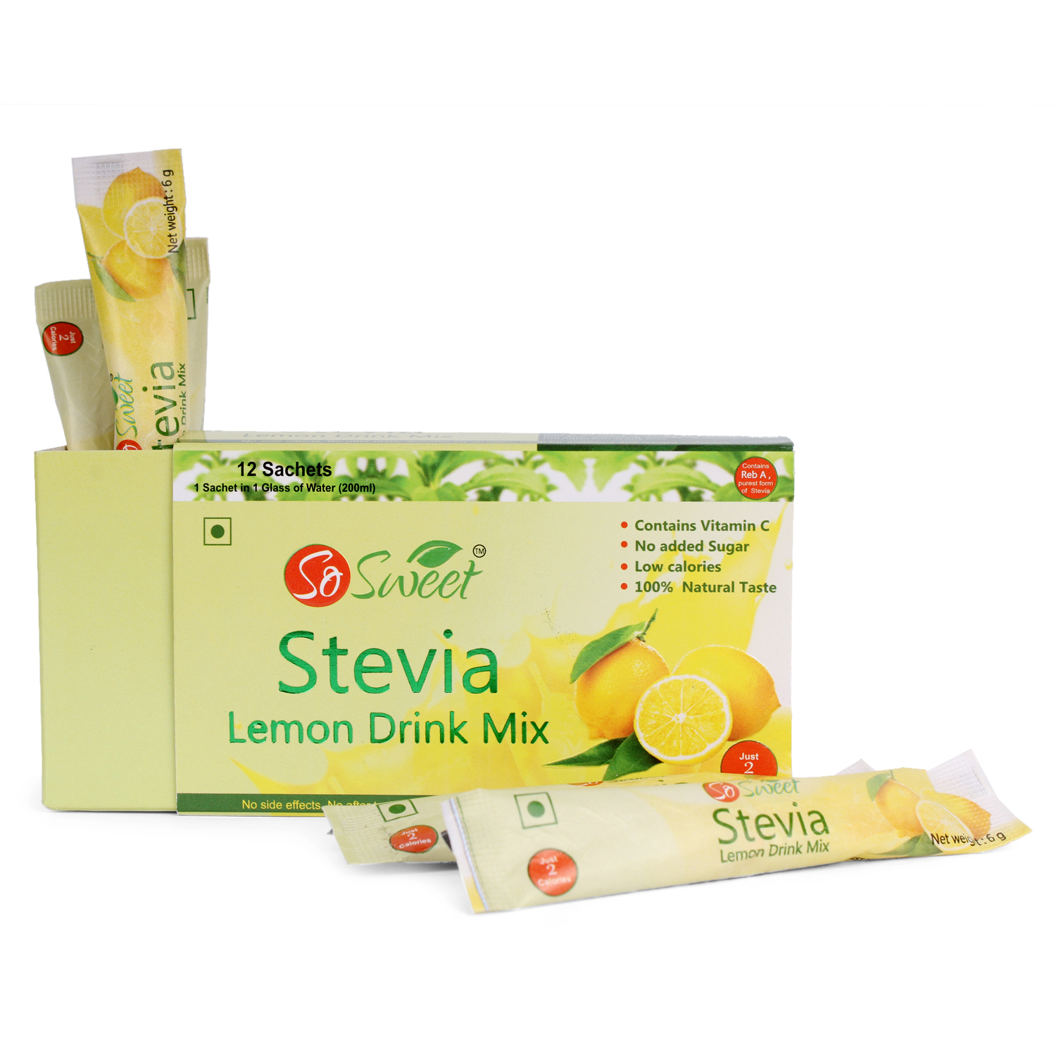Stevia Lemon Drink Mix - 12 Sachets Of 6gm | 100% Pure, Sweet Flavor, 2-year Shelf Life