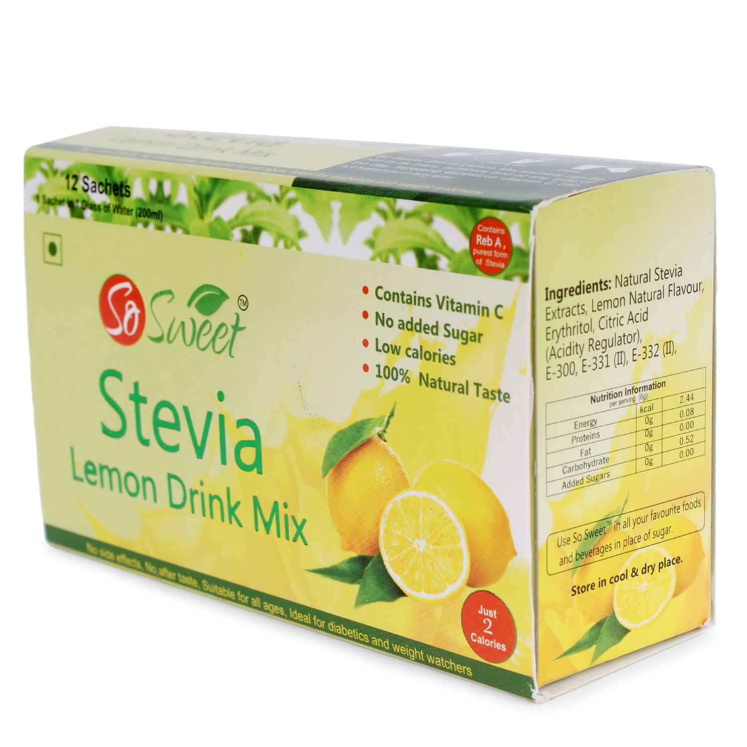 Stevia Lemon Drink Mix - 12 Sachets Of 6gm | 100% Pure, Sweet Flavor, 2-year Shelf Life