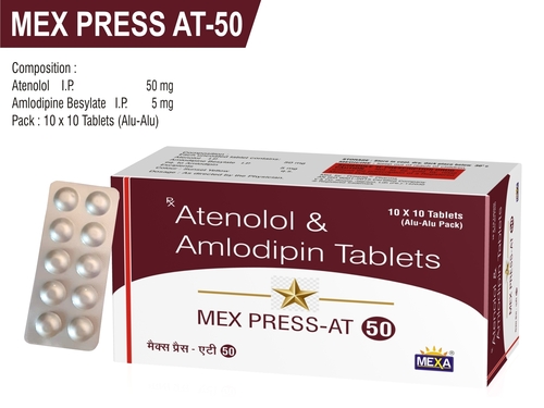 Mexa Tablet - Amlodipine 5mg, Atenolol 50mg | Indicated for Hypertension & Chronic Stable Angina, Suitable for All, Dosage as Directed by Physician, Store in Cool, Dry Place