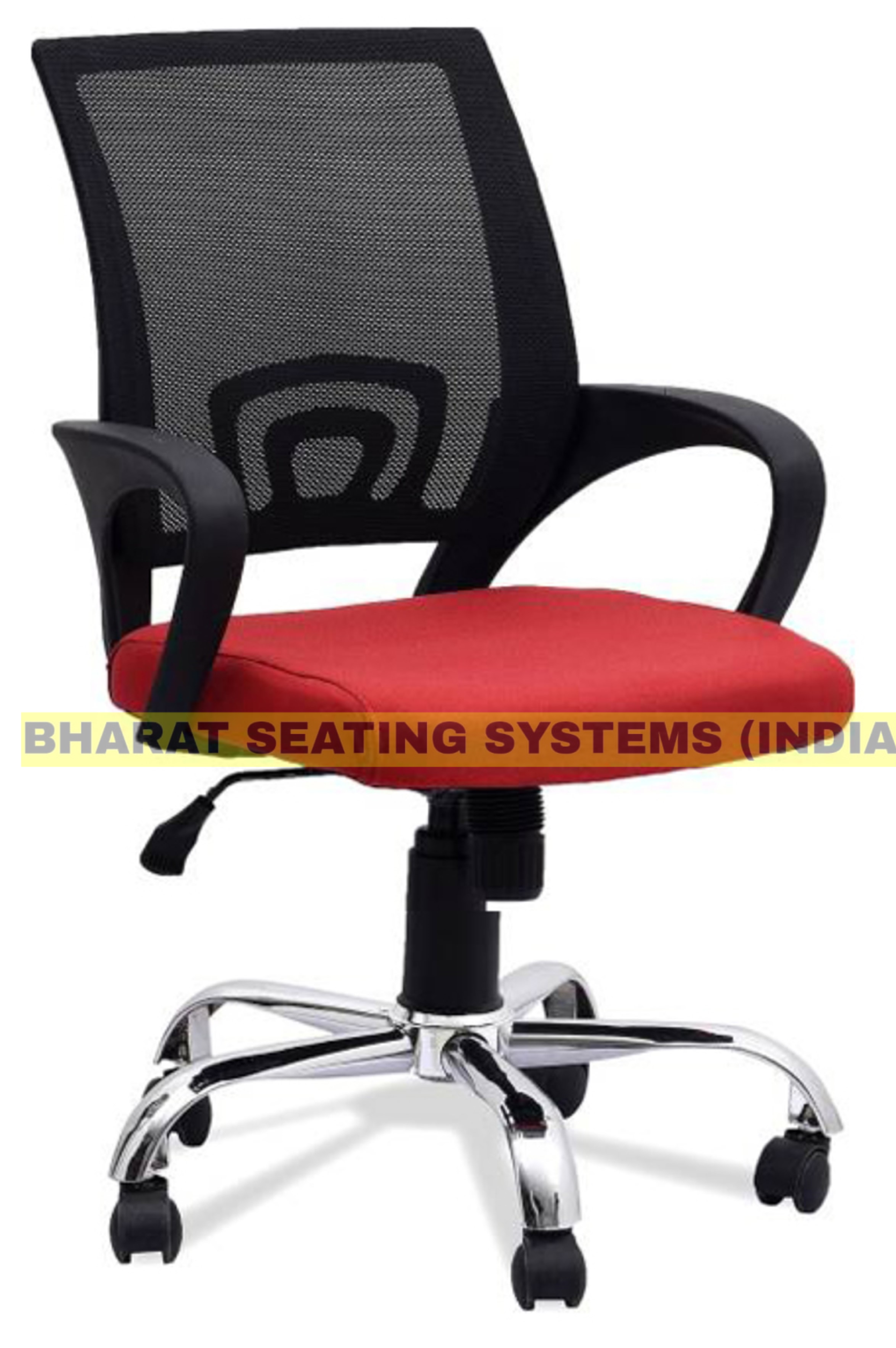 Revolving Office Chair - Medium Back, Fiber Arms, High Density Foam, 27 Inch Height, Red Mesh Fabric | Easy To Clean, Push Back Mechanism, Gas Lift, 5-leg Metal Stand With Nylon Castors