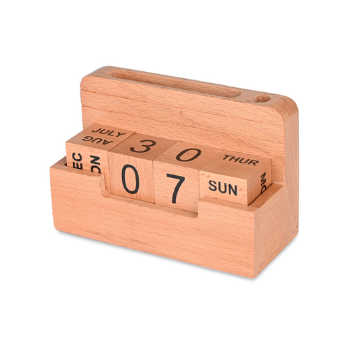 Wooden Desk Organizer With Calendar Blocks Dw 5202 - Wooden, 9.5x14.8x6.4 Cm , Brown | 2 Compartments For Memo Pad, Mobile, Pens & Clips, Laser Engraving Space