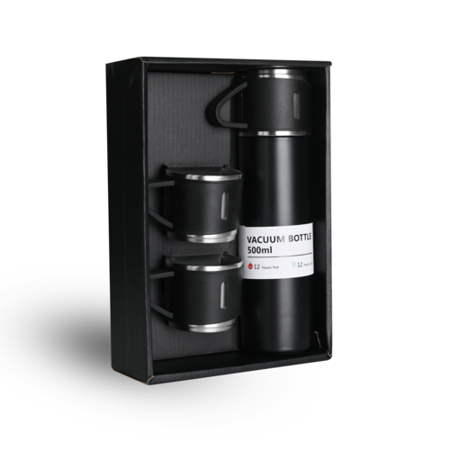 Black Vacuum Flask Gift Set Bottle With 3 Cups Size: 500 Ml